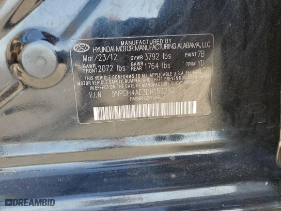 2013 Hyundai Elantra GLS PZEV with VIN 5NPDH4AE3DH159292, listed as a Copart auction lot 43340365 with 107,673 mi miles and Salvage Title. Bid and sale history available at carsss.com. Image 13.