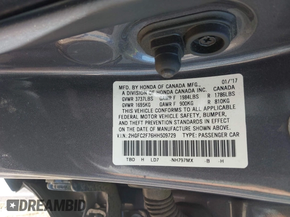 2017 Honda Civic Sedan EX with VIN 2HGFC2F76HH509729, listed as a IAAI auction lot 41773279 with 77,696 mi miles. Bid and sale history available at carsss.com. Image 9.