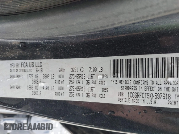 2019 Ram 1500 Tradesman z VIN 1C6SRFCT5KN597618, wystawiony jako IAAI lot #42243878 z przebiegiem 69 131 mil mil oraz . Historia ofert i sprzedaży dostępna na DreamBid. Obrazek 9.