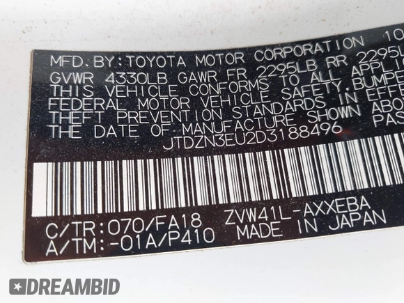 2013 Toyota Prius Two with VIN JTDZN3EU2D3188496, listed as a IAAI auction lot 42169350 with 201,557 mi miles and . Bid and sale history available at carsss.com. Image 9.