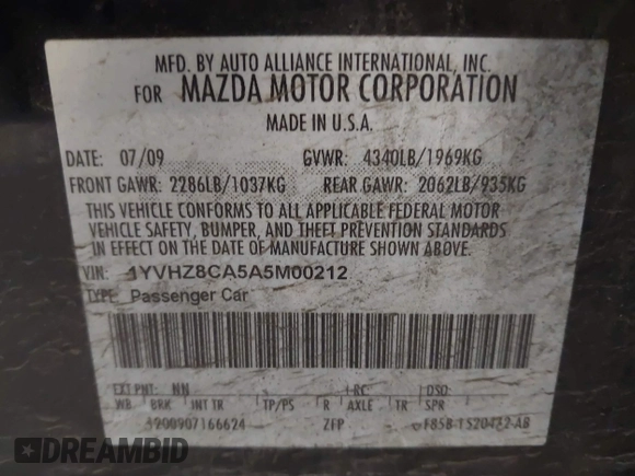 2010 Mazda 6 with VIN 1YVHZ8CA5A5M00212, listed as a IAAI auction lot 42694301 with 181,937 mi miles and . Bid and sale history available at DreamBid. Image 9.