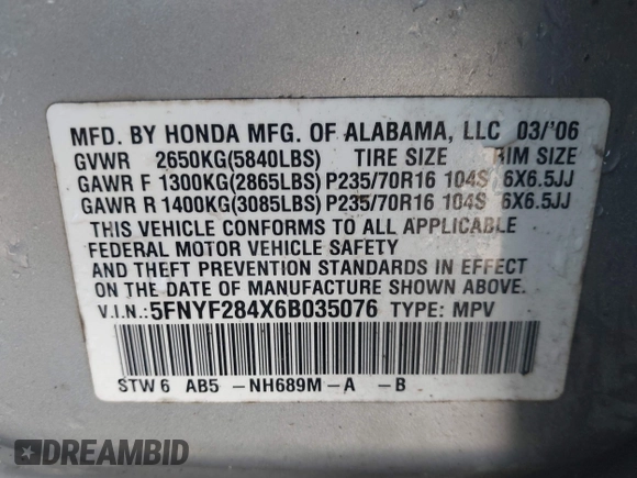 2006 Honda Pilot EX with VIN 5FNYF284X6B035076, listed as a IAAI auction lot 41972090 with 181,279 mi miles and . Bid and sale history available at DreamBid. Image 9.