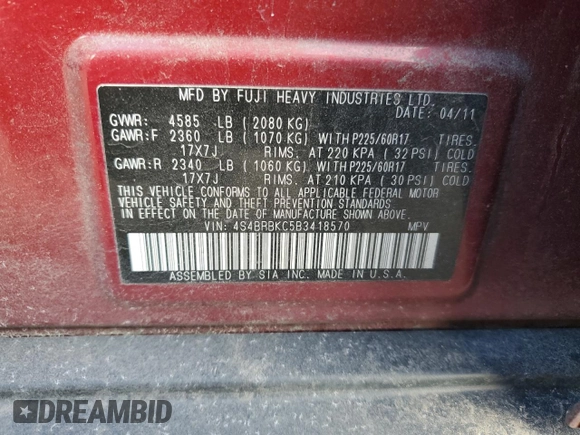 2011 Subaru Outback Limited Power Moon с VIN 4S4BRBKC5B3418570, выставлен на аукционе Copart как лот 47032735 с пробегом 160 275 миль миль и Списание • Salvage title. История ставок и продаж доступна на DreamBid. Изображение 13.