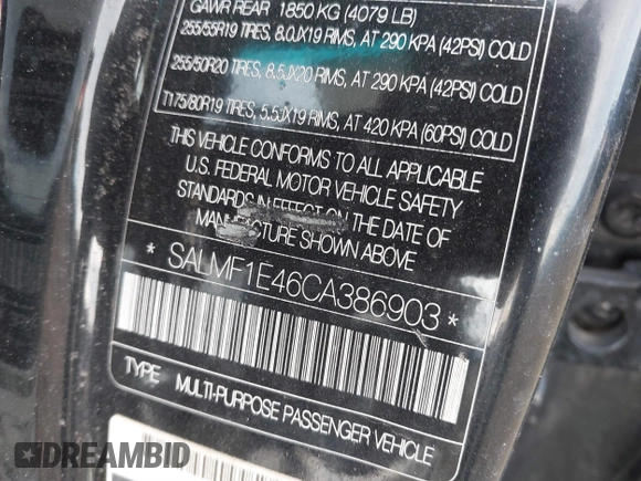 2012 Land Rover Range Rover SC with VIN SALMF1E46CA386903, listed as a IAAI auction lot 41654098 with 210,000 mi miles and . Bid and sale history available at DreamBid. Image 9.