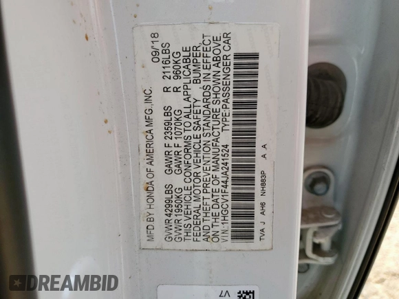2018 Honda Accord EX z VIN 1HGCV1F44JA241524, wystawiony jako Copart lot #56192165 z przebiegiem 124 266 mil mil oraz Szkoda całkowita • Salvage title. Historia ofert i sprzedaży dostępna na DreamBid. Obrazek 13.