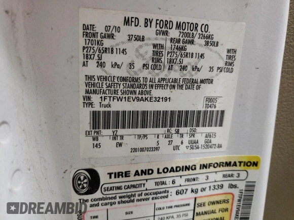 2010 Ford F-150 XL with VIN 1FTFW1EV9AKE32191, listed as a Copart auction lot 56779905 with 193,437 mi miles and Clean title. Bid and sale history available at DreamBid. Image 12.