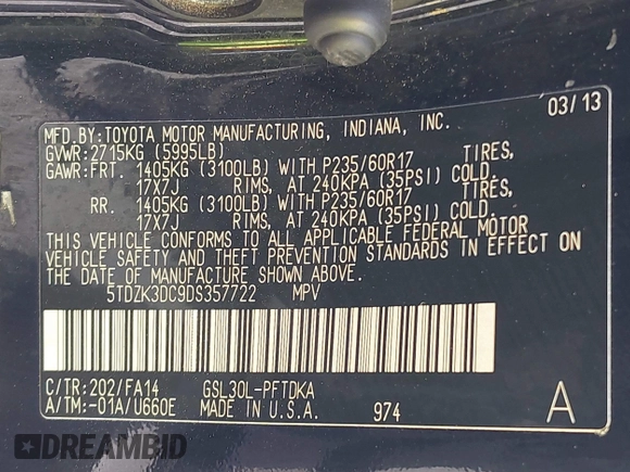 2013 Toyota Sienna L with VIN 5TDZK3DC9DS357722, listed as a IAAI auction lot 42369515 with 190,548 mi miles and . Bid and sale history available at DreamBid. Image 9.