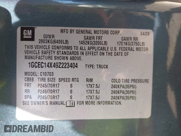 2009 Chevrolet Silverado 1500 Work Truck with VIN 1GCEC14X49Z223404, listed as a IAAI auction lot 41975847 with 115,663 mi miles and . Bid and sale history available at DreamBid. Image 9.