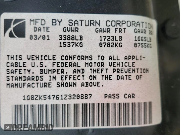 2001 Saturn SL with VIN 1G8ZK54761Z320887, listed as a Copart auction lot 54170885 with 99,265 mi miles and Salvage title. Bid and sale history available at DreamBid. Image 12.