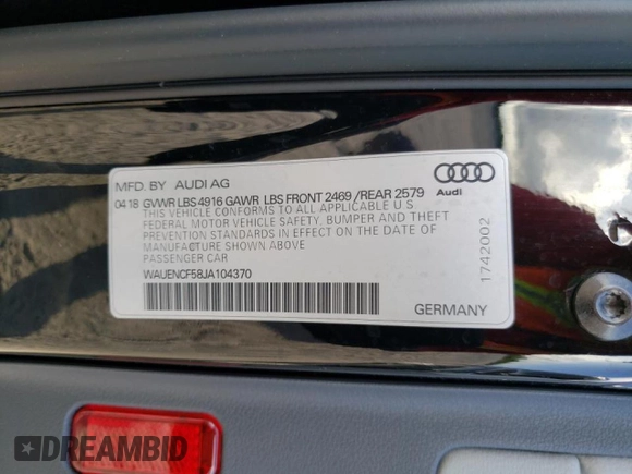 2018 Audi A5 Sportback Premium Plus with VIN WAUENCF58JA104370, listed as a Copart auction lot 70603721 with 37,687 mi miles. Bid and sale history available at carsss.com. Image 10.