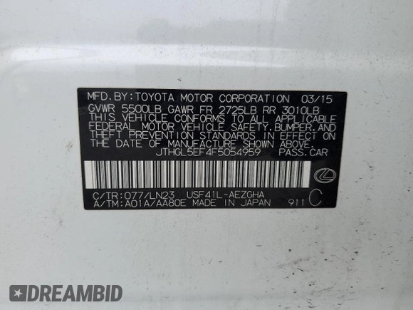 2015 Lexus LS 460 L with VIN JTHGL5EF4F5054959, listed as a Copart auction lot 71831414 with 88,327 mi miles and Salvage title. Bid and sale history available at DreamBid. Image 12.