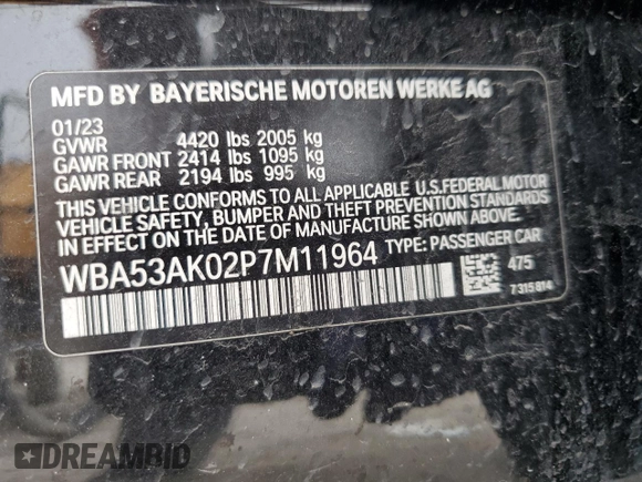 2023 BMW 2 Series 228i with VIN WBA53AK02P7M11964, listed as a Copart auction lot 85851124 with 51,165 mi miles and Salvage Title. Bid and sale history available at carsss.com. Image 14.
