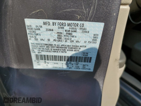 2008 Ford Escape XLS with VIN 1FMCU02Z18KE11979, listed as a Copart auction lot 60212165 with 239,177 mi miles and Salvage title. Bid and sale history available at DreamBid. Image 14.