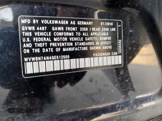 2016 Volkswagen CC Sport with VIN WVWBN7AN4GE512550, listed as a Copart auction lot 52198115 with 146,743 mi miles and Salvage Title. Bid and sale history available at DreamBid. Image 12.