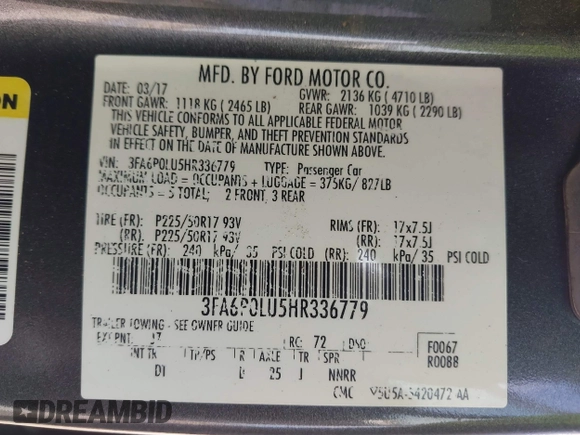 2017 Ford Fusion Hybrid SE with VIN 3FA6P0LU5HR336779, listed as a IAAI auction lot 42691789 with 140,720 mi miles and . Bid and sale history available at DreamBid. Image 9.