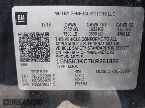 2019 Chevrolet Suburban Premier with VIN 1GNSKJKC7KR261826, listed as a IAAI auction lot 41652451 with 127,032 mi miles and . Bid and sale history available at DreamBid. Image 9.