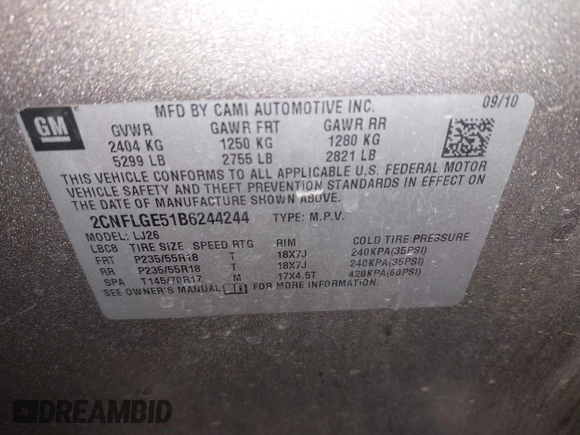 2011 Chevrolet Equinox LTZ with VIN 2CNFLGE51B6244244, listed as a IAAI auction lot 42169857 with 141,298 mi miles and . Bid and sale history available at DreamBid. Image 9.