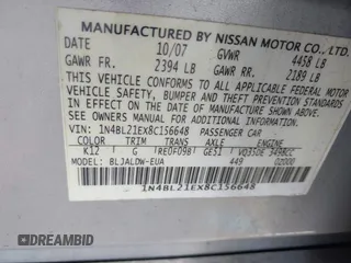 2008 Nissan Altima 3.5 SE with VIN 1N4BL21EX8C156648, listed as a IAAI auction lot 41775293 with 182,062 mi miles. Bid and sale history available at carsss.com. Image 9.