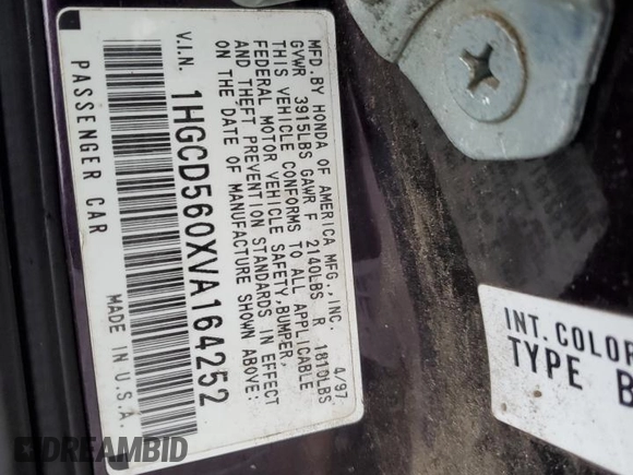 1997 Honda Accord Special Edition with VIN 1HGCD560XVA164252, listed as a Copart auction lot 85603154 with 362,795 mi miles and Salvage Title. Bid and sale history available at carsss.com. Image 12.