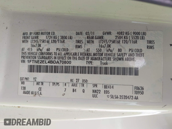 2011 Ford Econoline Cargo Commercial with VIN 1FTNE2EL4BDA70800, listed as a IAAI auction lot 42523533 with 139,962 mi miles and . Bid and sale history available at DreamBid. Image 9.