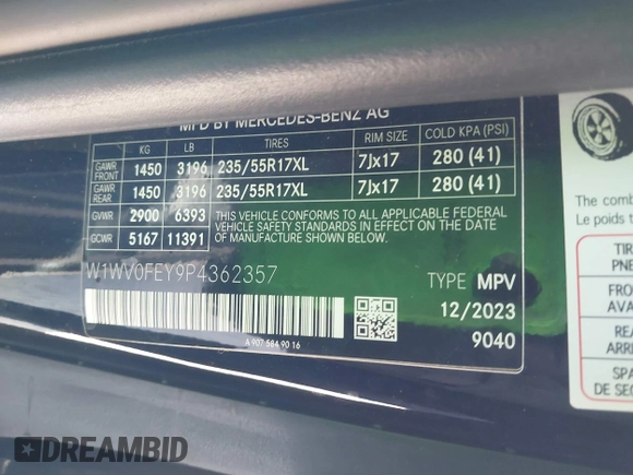2023 Mercedes-Benz Metris with VIN W1WV0FEY9P4362357, listed as a IAAI auction lot 41722206 with 12,892 mi miles and . Bid and sale history available at DreamBid. Image 9.