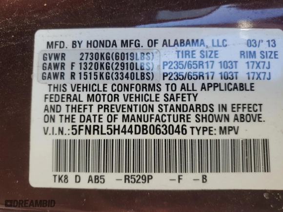 2013 Honda Odyssey EX with VIN 5FNRL5H44DB063046, listed as a Copart auction lot 41371455 with 309,518 mi miles and Salvage Title. Bid and sale history available at carsss.com. Image 13.