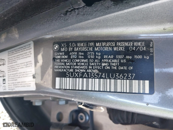 2004 BMW X5 3.0i with VIN 5UXFA13574LU36237, listed as a IAAI auction lot 41787350 with 1 mi miles. Bid and sale history available at carsss.com. Image 9.