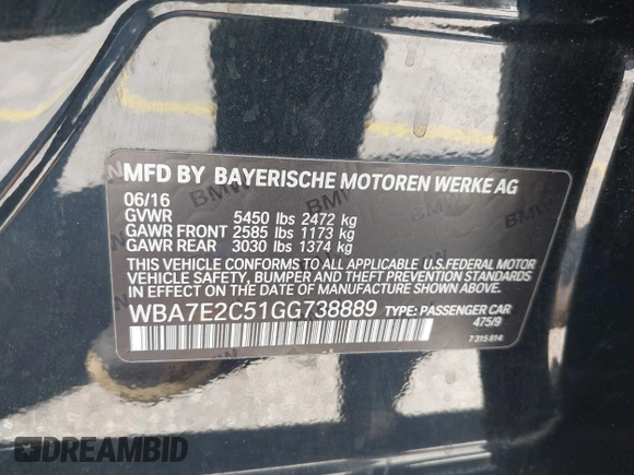 2016 BMW 7 Series 740i с VIN WBA7E2C51GG738889, выставлен на аукционе IAAI как лот 41838071 с пробегом 49 649 миль миль и . История ставок и продаж доступна на DreamBid. Изображение 9.