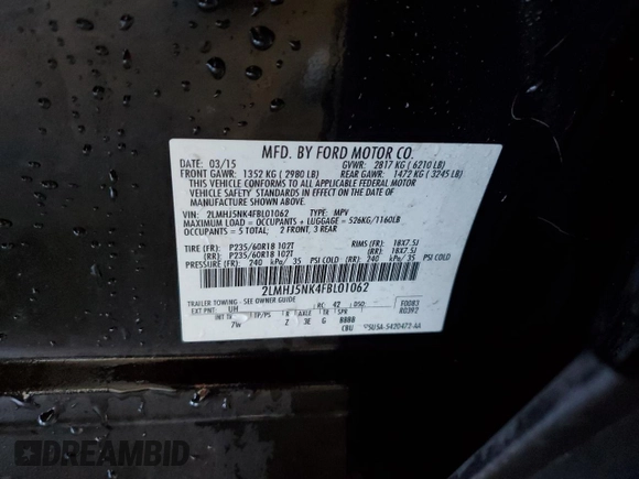 2015 Lincoln MKT with VIN 2LMHJ5NK4FBL01062, listed as a Copart auction lot 46111995 with 76,509 mi miles and Salvage Title. Bid and sale history available at DreamBid. Image 13.
