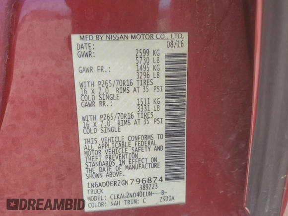 2016 Nissan Frontier SV with VIN 1N6AD0ER2GN796874, listed as a Copart auction lot 56046295 with 104,544 mi miles and Salvage title. Bid and sale history available at DreamBid. Image 12.