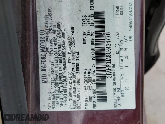 2012 Ford Fusion SEL with VIN 3FAHP0JA8CR424770, listed as a Copart auction lot 44046345 with 218,408 mi miles and Salvage title. Bid and sale history available at DreamBid. Image 12.