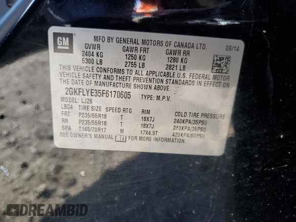 2015 GMC Terrain SLT with VIN 2GKFLYE35F6170605, listed as a Copart auction lot 48191695 with 170,593 mi miles and Clean Title. Bid and sale history available at DreamBid. Image 13.