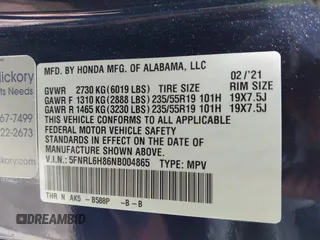 2022 Honda Odyssey Touring with VIN 5FNRL6H86NB004865, listed as a IAAI auction lot 42254009 with 47,229 mi miles and . Bid and sale history available at DreamBid. Image 9.