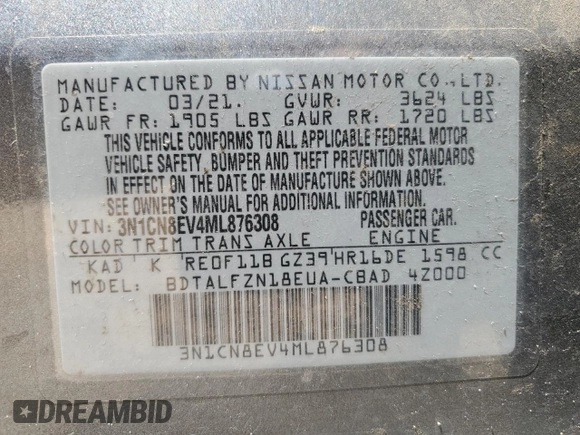 2021 Nissan Versa SV с VIN 3N1CN8EV4ML876308, выставлен на аукционе Copart как лот 58987145 с пробегом 103 503 миль миль и Списание • Salvage title. История ставок и продаж доступна на DreamBid. Изображение 12.