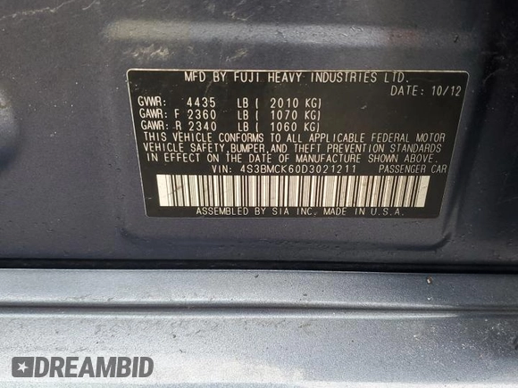 2013 Subaru Legacy Limited with VIN 4S3BMCK60D3021211, listed as a Copart auction lot 43617425 with 139,640 mi miles and Non Repairable. Bid and sale history available at DreamBid. Image 12.
