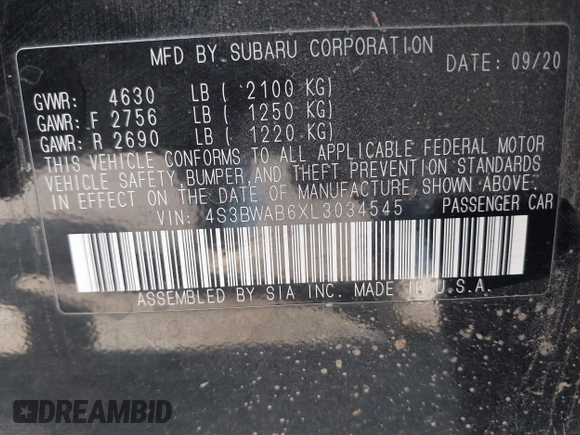 2020 Subaru Legacy with VIN 4S3BWAB6XL3034545, listed as a IAAI auction lot 40481335 with 48,449 mi miles and . Bid and sale history available at DreamBid. Image 9.