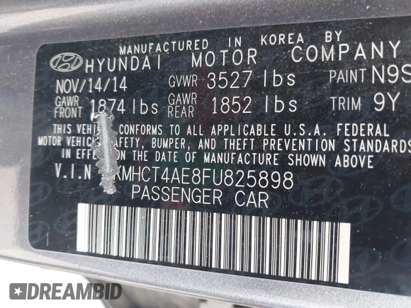 2015 Hyundai Accent GLS with VIN KMHCT4AE8FU825898, listed as a IAAI auction lot 42066640 with 79,593 mi miles and . Bid and sale history available at DreamBid. Image 9.