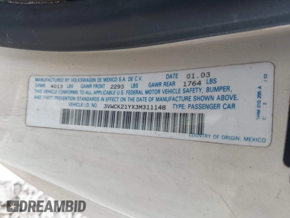 2003 Volkswagen Beetle GLS с VIN 3VWCK21YX3M311148, выставлен на аукционе IAAI как лот 42415839 с пробегом 146 340 миль миль и . История ставок и продаж доступна на DreamBid. Изображение 9.