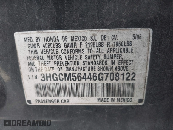 2006 Honda Accord LX with VIN 3HGCM56446G708122, listed as a IAAI auction lot 42751242 with 271,763 mi miles and . Bid and sale history available at DreamBid. Image 9.