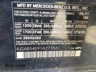 2001 Mercedes-Benz M-Class with VIN 4JGAB54E91A273561, listed as a Copart auction lot 72458374 with 152,035 mi miles and Clean Title. Bid and sale history available at carsss.com. Image 13.