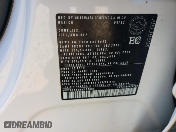2022 Volkswagen Tiguan SE with VIN 3VV2B7AX9NM127634, listed as a Copart auction lot 55668325 with 47,734 mi miles and Salvage title. Bid and sale history available at DreamBid. Image 13.