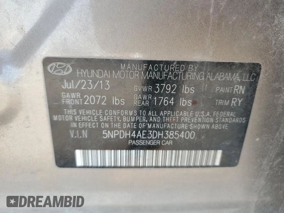 2013 Hyundai Elantra Limited with VIN 5NPDH4AE3DH385400, listed as a Copart auction lot 52817325 with 119,294 mi miles and Salvage Title. Bid and sale history available at DreamBid. Image 13.