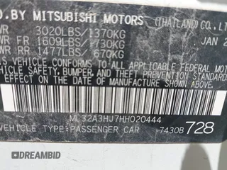 2017 Mitsubishi Mirage ES with VIN ML32A3HJ7HH020444, listed as a IAAI auction lot 42651544 with 87,011 mi miles and . Bid and sale history available at DreamBid. Image 9.