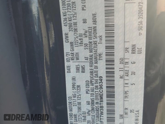 2021 Ford F-350 XL with VIN 1FT7W3BT8MEC96349, listed as a Copart auction lot 49787435 with 40,261 mi miles and Salvage Title. Bid and sale history available at DreamBid. Image 12.