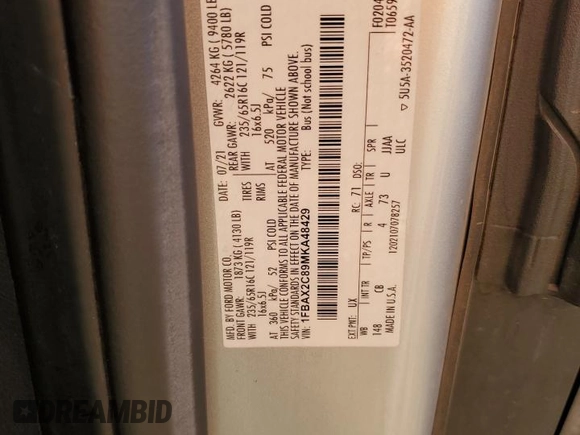 2021 Ford Transit Passenger XL with VIN 1FBAX2C89MKA48429, listed as a Copart auction lot 72648104 with 60,936 mi miles and Clean Title. Bid and sale history available at DreamBid. Image 13.