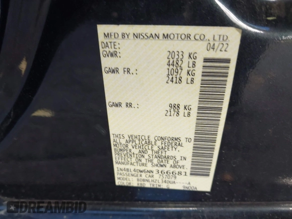 2022 Nissan Altima SV z VIN 1N4BL4DW6NN366681, wystawiony jako IAAI lot #41990935 z przebiegiem 78 738 mil mil oraz . Historia ofert i sprzedaży dostępna na DreamBid. Obrazek 9.