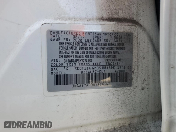 2017 Nissan Sentra S with VIN 3N1AB7AP3HY274168, listed as a Copart auction lot 65031245 with 74,357 mi miles and Salvage title. Bid and sale history available at DreamBid. Image 12.