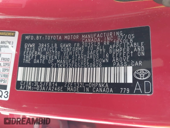 2005 Toyota Matrix STD with VIN 2T1KR32E65C550826, listed as a IAAI auction lot 42043050 with 164,291 mi miles and . Bid and sale history available at DreamBid. Image 9.