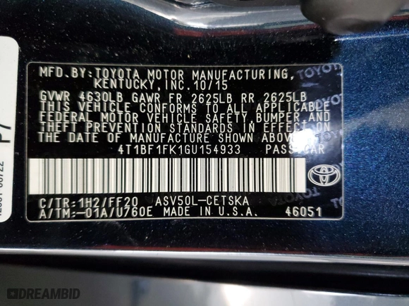 2016 Toyota Camry XLE with VIN 4T1BF1FK1GU154933, listed as a Copart auction lot 41582575 with 0 mi miles and Salvage Title. Bid and sale history available at carsss.com. Image 14.
