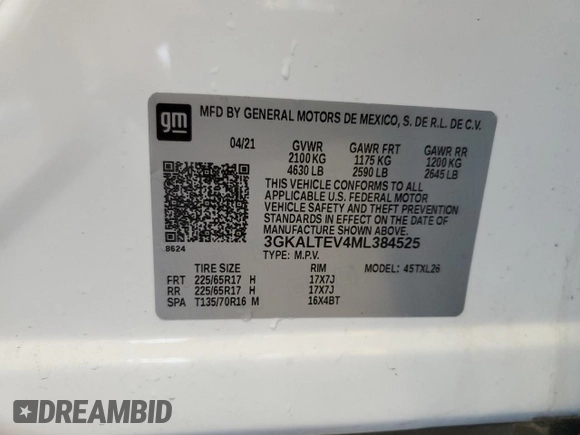2021 GMC Terrain SLE z VIN 3GKALTEV4ML384525, wystawiony jako Copart lot #59470685 z przebiegiem 52 141 mil mil oraz Szkoda całkowita • Salvage title. Historia ofert i sprzedaży dostępna na DreamBid. Obrazek 13.